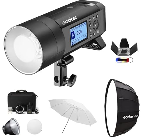 Godox AD400Pro 400Ws Studio Outdoor Strobe Flash Kit, TTL 1/8000s HSS 2.4G GN72 Monolight Light, Lithium Battery with AD-S65S 26/65cm Godox Mount Grid Softbox, Barn door, Umbrella, Standard Reflector