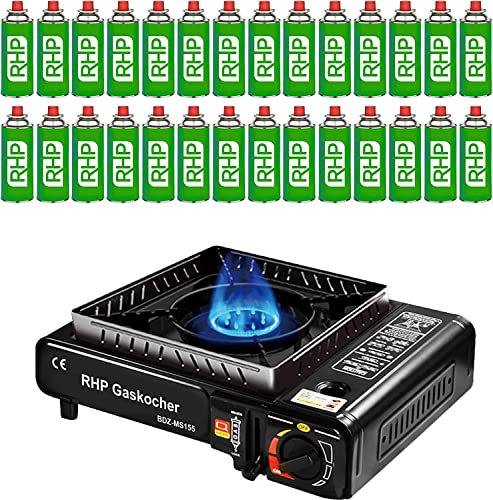 RHP Réchaud à gaz d'extérieur I Cuisinière à gaz avec 28 cartouches de gaz à baïonnette – Pour camping, voyage, vacances, randonnée, pique-nique, jardin – Avec mallette pratique – Jusqu'à 30 % de