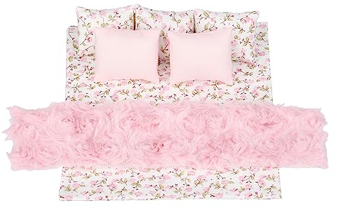 1:12 Scale Dollhouse Bedding Set for 6-Inch Dolls, 7-Piece Pink Comforter, Pillows & Bed Runner, Mini Bed Linen