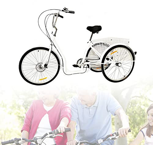 26 In Adult Tricycle 6 Speed Tricycle mit Korb|Glocke Verstellbares 3 Rad Fahrrad City Bikes Senior Tricycle für Outdoor Sports Shopping, 120kg MAX Belastung ,für 1.65-1.85m Erwachsene, Weiß