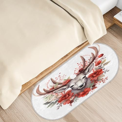 Aquarell Hirsch Beere Rote Blumen Badezimmerteppiche Rutschfester Badteppich Mikrofaser Badematte Saugfähig Küchenmatten und Teppiche Maschinenwaschbar Oval Plüsch Bodenmatte für Badezimmer