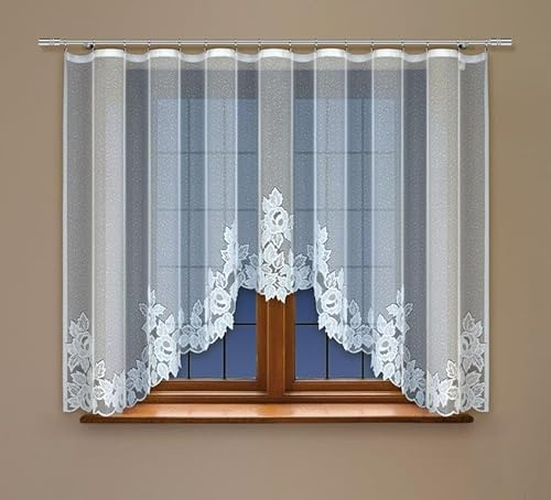 Gardinen Vorhangen Weiß 400x120 cm (BxH) Esposito Stores Gardinen mit Kräuselband Kurz Jacquard Scheibengardine Wohnzimmer Vorhänge Fertiggardine Küchengardinen Bogen Kurzstores Blumen Muster