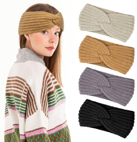 LOPHE 4 Pcs Winter Headbands, Women Ear Warmers Knitted Thermal Twist Comfy Soft Winter Head Wrap, Cable Knit Headbands