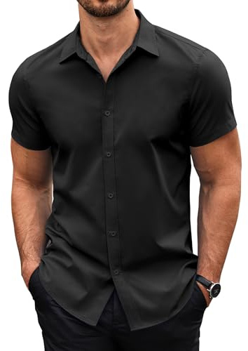 COOFANDY Camisa Hombre Manga Corta con Botones Camisa Business Casual Verano Corte Regular Fit Shirt Negro XS