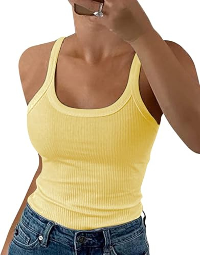 DUOEASE Canottiera Donna Estiva 2025 a Coste Elasticità Top Donna Casual Girocollo Spaghetti GialloUovo-M