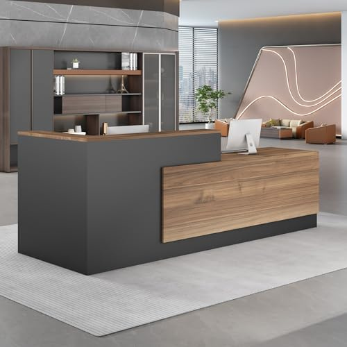 UKETO 160 cm Moderne Empfangstheke aus Holz - L-Form Empfangstresen für Büros multifunktionaler Empfangstisch mit großzügigem Stauraum Geeignet für Büros Rezeptionen Hotels (rechts hoch-A)
