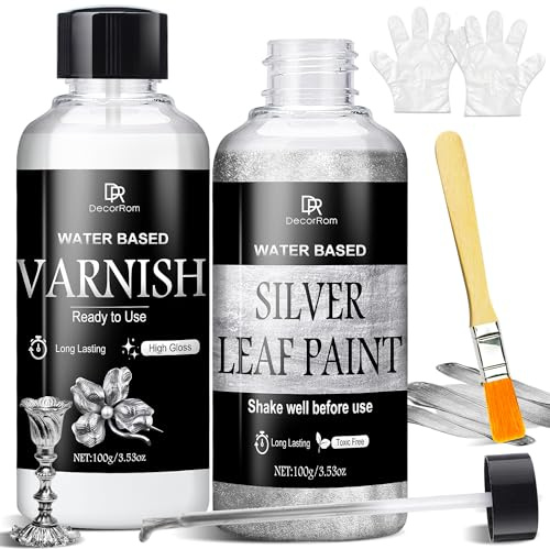 Acrylic Paint Metallic - 200ml Silver Leaf Paint Ultra Shiny Quick Dry Metallic Gilding High Gloss Finish with Varnish - Non-Toxic Waterproof for Crafts, Resin Art, DIY, Wood, Canvas, Metal & Fabric