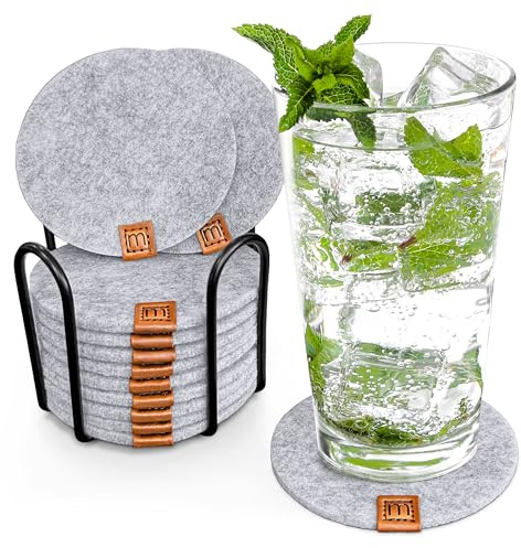 Miqio® Posavasos de fieltro de diseño redondo, juego de 12 unidades + soporte, sostenibles Öko-Tex, posavasos para bebidas, velas, tazas, bar, vasos, decoración de mesa, gris claro