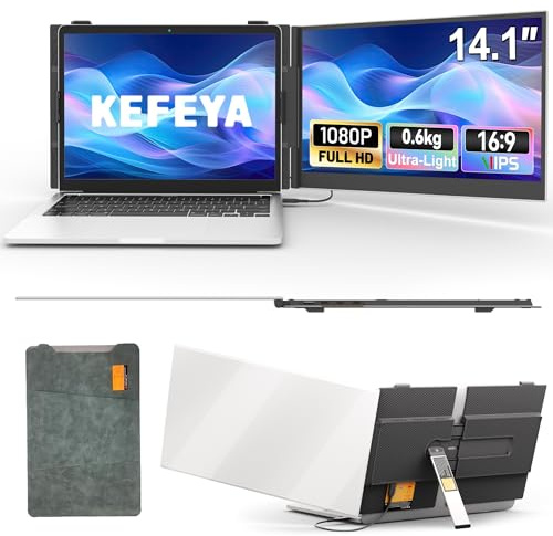 KEFEYA 14,1 Tragbarer Monitor, 0,6kg Ultradünne Laptop Bildschirm Erweiterung mit verstellbarem Drehständer, FHD Reisemonitor für 13-17,3 Laptops, Plug & Play für Mac/Windows/Samsung DEX/Huawei