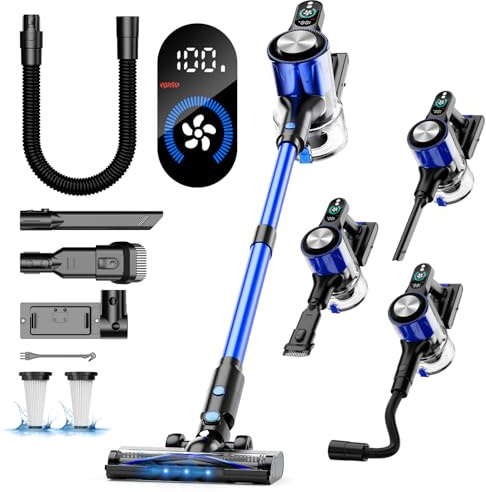 Aspirateur Balai sans Fil, 50KPa/60Min Aspirateur sans Fil Puissant avec 3 Modes, LCD Écran Tactile, Brosse Anti-Emmêlement, Chargement Mural, Ideal pour Poils D'animaux/Tapis/Sols Durs/Voiture