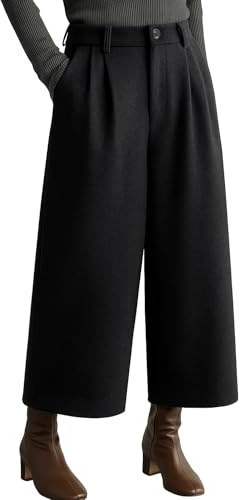 Lazutom Pantalon en laine pour femme, taille haute, jambes larges, palazzo, pantalons courts amples avec ceinture élastique pour l'automne et l'hiver, Noir , 42