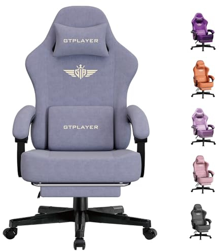 GTPLAYER Fabric Gaming Chair, Ergonomic Computer Chair with Footrest and Lumbar Support Height Adjustable Home Office with 360°-Swivel Seat and Headrest Macaron Purple