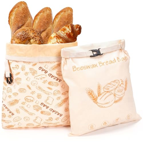 Kanzith Set di 2 sacchetti per pane di cera d'api 43 x 33 cm, riutilizzabili in lino con rivestimento in cera d'api naturale, sacchetti salvafreschezza per pane e prodotti da forno fatti in casa