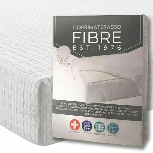 FIBRE EST. 1976 - Coprimaterasso Matrimoniale Cotone 175x200+25cm con Elastico agli Angoli, Copri Materasso Antiacaro in Spugna Anallergica che Concede un Effetto Massaggiante e Non Scivola
