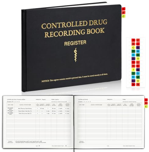 Carnet de 50 feuilles A4 avec onglets d'index A-Z, couverture rigide, noir, 1261 entrées, CD de registre, conforme au RGPD et au NHS pour pharmacie, clinique, maison de soins et premiers secours