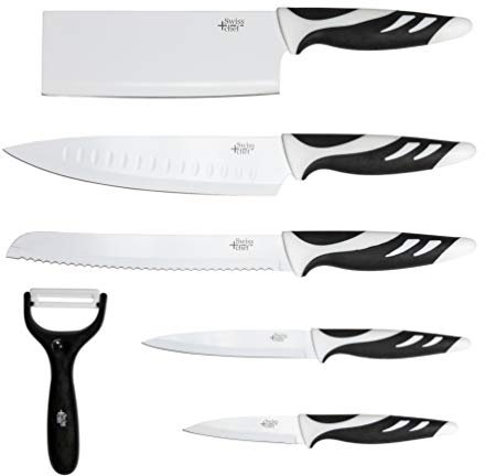 Cecotec Swiss Chef Knife Set Impugnatura con inserti in silicone, rivestimento antiaderente in ceramica, bianco e nero, presentato in un astuccio