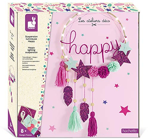 Janod - Suspension Lumineuse Happy à Fabriquer - Les Ateliers Déco - Kit Loisir Créatif Enfant - Apprentissage Motricité Fine et Créativité - Dès 8 ans, J07927