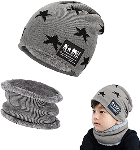 AOMAIGAD Conjunto de Gorro de Punto Invierno Térmico y Bufanda para Niños, Conjunto Gorro y Bufanda de Punto 2 en 1, con Forro de Lana para Niños y Niñas, 5-16 años