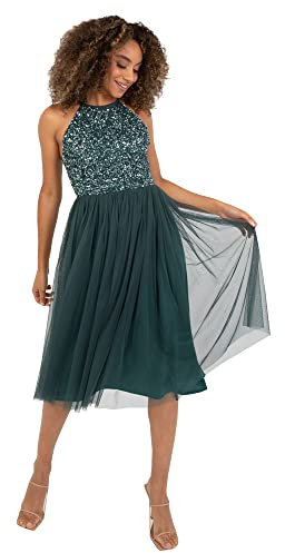 Maya Deluxe Damen Maya Deluxe Women's Midi Dress With Halter Neck Tulle for Evening Graduation Prom Wedding Bridesmaid Brautjungfernkleid, Emerald Green, 36 EU