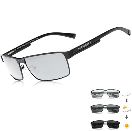 KINGSEVEN Gafas de sol fotocromáticas de moda para hombres y mujeres, gafas de sol polarizadas de piloto, gafas cuadradas antideslumbrante UV400, Fotocromía Negro, 62