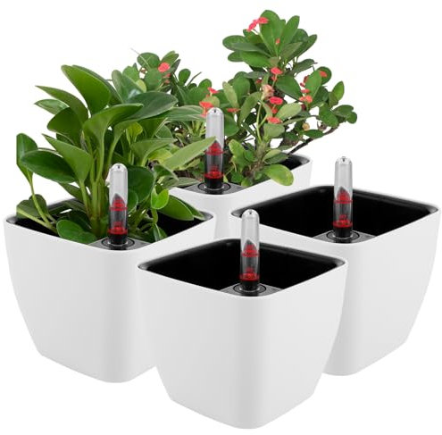 AKOLAFE 4 Stück Selbstbewässerungstopf 13x10x11cm Kräutertopf Selbstbewässernd Küche Selbstbewässerung Blumentopf mit Wasserstandsanzeiger Weiß Plastik Pflanztopf klein für Zimmerpflanzen 13x10x11cm