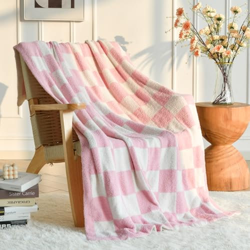 Xiashrk Checkered Throw Blanket for Couch, Pink Checkerboard Blankets with Soft Fluffy Microfiber for Bed Sofa, Cozy Knit Lightweight Decorative Travel Bed Blanket for Camping Picnic, 50x60