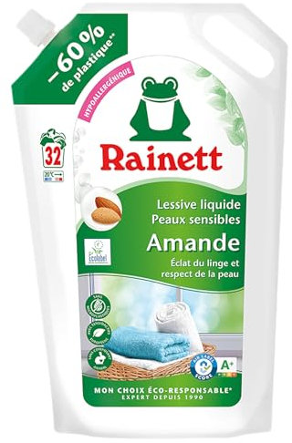 RAINETT - Lessive Liquide Peaux Sensibles - Formule Hypoallergénique - Tensioactifs d'Origine Végétale - Efficace Dès 20° - Ecolabel - Amande - 32 Lavages - Éco-Recharge 1,6 L
