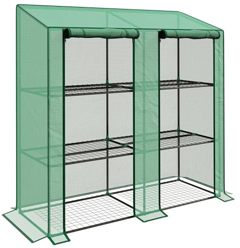 Outsunny Serre de jardin à 3 niveaux Serre de terrasse avec étagères Toit incliné et 2 portes à fermeture éclair pour la culture de plantes de patio 143x46x141/151 cm Vert