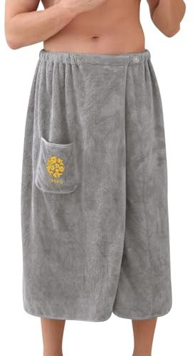 Mens Adjustable Bath Towel Wrap with Pocket, Quick Dry Absorbent Gym Beach Towels Bathing Shower Around Wrap Towel Cover up Soft Towelling for Sauna, Spa, Pool, Home (Grey, 80cm × 150cm（31.4” × 59“）)