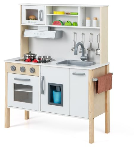 GYMAX Cucina Giocattolo per Bambini, Set da Cucina in Legno Imitazione con Lavello Rimovibile, Cappa da Cucina e Fabbricatore di Ghiaccio, 18 Accessori Completi, per Bambini da 3 a 6 Anni (Bianco)