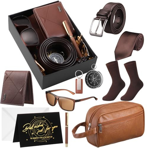 Geyoga 12 Pcs Men Birthdays Gift Set with Box for Men Dad Basket PU Leather Wallet Leather Toiletry Bag Tie Socks Belt Keychain Sunglasses Pen Compass Set(Brown)