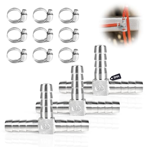 SUPAWAY T-taggslang, SUS 304 3-vägs T-slanganslutning, slanganslutning med klämmor, slangbeslag, adapter för luft, vatten, bränsle och gas (8 mm, set med 3)