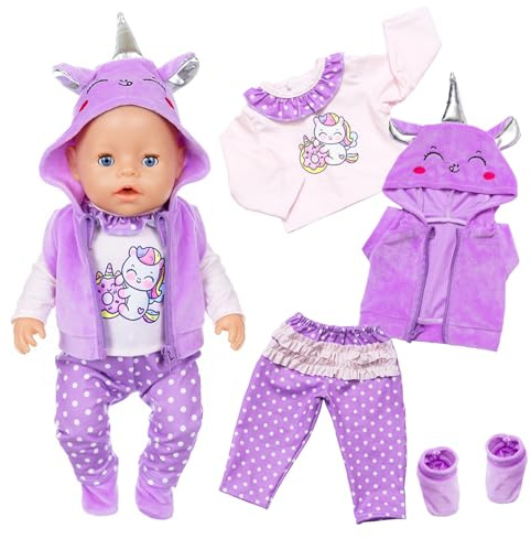 Baby Doll Clothes for 12-18 Inch Dolls, Purple Pony Doll Clothes Outfits with Hooded Sweatshirt Long Sleeve Lace Pants Shoes for 30-45 cm New Doll Clothes, Sweet Doll Clothe Girls Birthday Gift