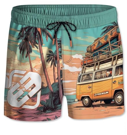 FREEGUN Maillot de Bain Garçon Séchage Rapide, Short de Bain Enfant, Filet intérieur et Poches Latérales, Taille 10/12 Ans - Jaune/Orange/Turquoise/Noir