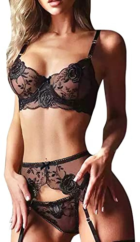Générique Ensemble Lingerie Sexy Brodé Dentelle Florale Femme Armatures Culotte Taille Haute Maille Transparente Col V Nuisette Coquine Bretelles sous-Vêtements