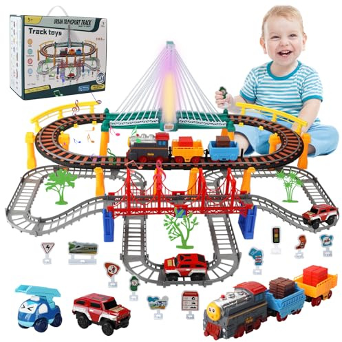 KIMIGO Juego de Tren para Niños,141 Piezas Tren Juguete Electricos con Rieles y Vías para Automóviles,Luces y Sonidos,Juguetes de Pista para Coches,Circuito Coches Navideños Regalos 3 4 5 6 7 8 Años