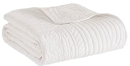 Madison Park Luxe Quilted Throw Blanket - Damask Stitching Design, Cotton Filled Spread, Ultra Soft, Cozy Bedding for Living Room Couch, Sofa, Bed, 60x72, Scalloped Borders White