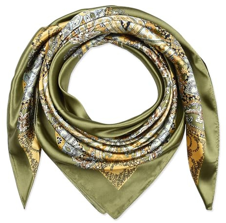 corciova Large Square Satin Silk Like Lightweight Scarf Hair Wrap Women Olive Totem Curly Headband Fashion Bandana Headscarf
