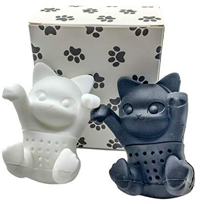 Tee-Ei Geschenk-Set für lose Blätter & Kräutertee, lustige und niedliche Silikon-Katzen-Teesieb, Paar in einzigartiger Geschenkbox, beste Paare, Geschenk für Paare, 2er-Set, Schwarz und Weiß Kit-Tee