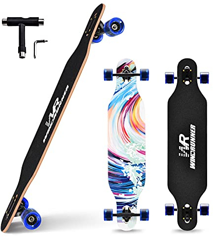Windrunner 41inch Freeride Longboard Skateboard,8-Ply Natural Maple Drop Through Freestyle Complete Skateboard Cruiser Pintail for Cruising,Carving,Free-Style and Downhill with T-Tool,Sea Wave