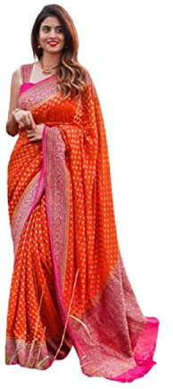 BE4ME.COM Women's Pure Lichi Silk Indian Wedding Wear kanjeevaram Saree with UnStitched Blouse Piece (Orange)