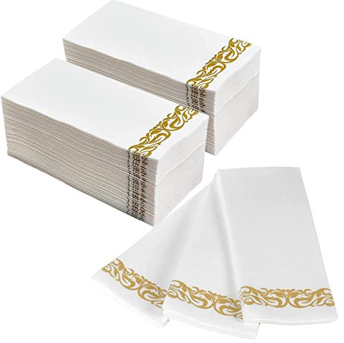 DADAWU Weiße Servietten, Einweg-Handtücher, dekorative Badezimmer-Papierservietten, Leinen-Feel Gästehandtücher für Küche, Partys, Hochzeiten, Jubiläen, Abendessen oder Veranstaltungen (Gold,100)