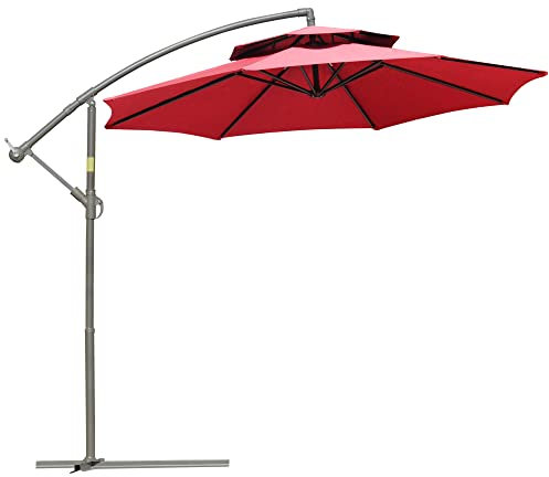 Outsunny Parasol déporté octogonal double toit inclinable manivelle avec pied en croix acier polyester Ø 2,67 x 2,65H m rouge