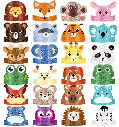 Gersoniel 24 Pcs Animal Birthday Party Hats Animal Headbands Jungle Safari Animal Paper Party Crown for Girls Kids (Assorted Animals)