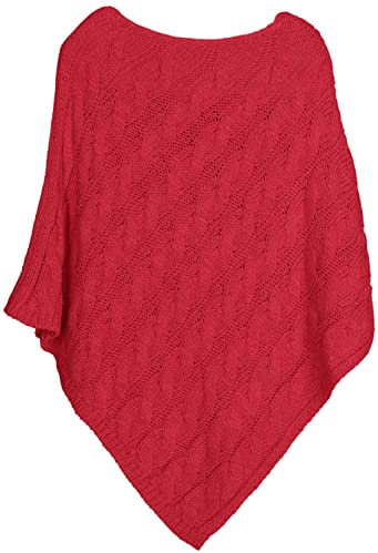 styleBREAKER Stickad poncho med flätmönster, rund hals, grovstickad, dam 08010040, röd, En Storlek