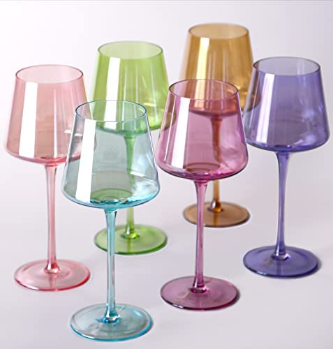comfit Colored Wine Glasses Set of 6-18oz【Hand Blown】 Crystal Colorful Wine Glass with With Long Stem-Muticolor Glasses Wedding gift set for wine lovers Wine Dinner