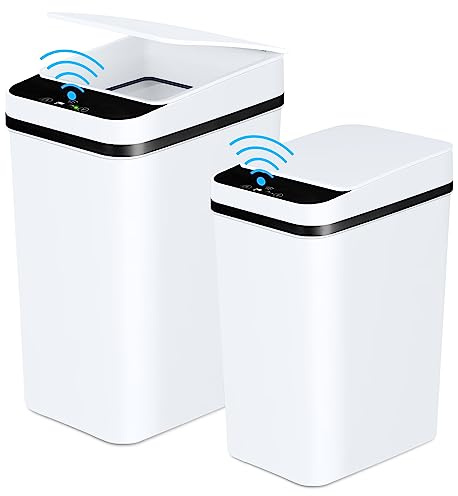 Anborry Bathroom Trash Cans with Lid 2 Pack Touchless Automatic Motion Sensor 2.2 Gal & 4 Gal Small Garbage Can, Smart Electric Narrow Garbage Bin for Bedroom Office Kitchen (White)