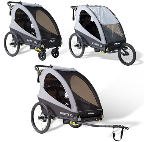 X-lander 3in1 Kinderanhänger Booster 2 Fahrradanhänger 2 Kinder Buggy Laufkinderwagen bis 45kg Kinderfahrradanhänger zusammenklappbar Komplettset Federung