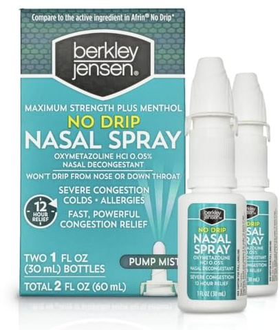 berkley jensen No Drip Severe Congestion Nasal Spray - Maximum Strength Decongestant with Oxymetazoline HCl & Menthol - Pump Mist Applicator, No Steroid, 12 Hour Relief, 1 Fluid Ounce (Pack of 2)