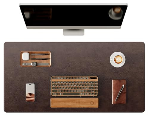 YSAGi Genuine Leather Desk Mat, 31.5x15.8 Office Desk Pad, Thick Premium Table Pad with Stitched Line, Non-Slip Laptop Writing Pad with Rubber Base (Dark Brown, 31.5x15.8)